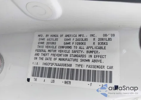 2010 Honda Accord Ex из США, поврежденный, VIN 1HGCP2F74AA008348